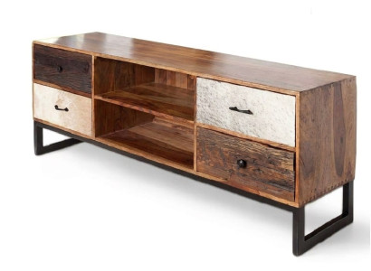 Massivholz TV Lowboard Sideboard Schubladen Industrial Design Metall