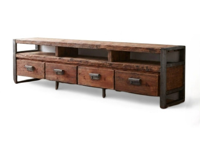 Massivholz TV Lowboard 4 Schubladen 2 Fächer Design Holz Metall