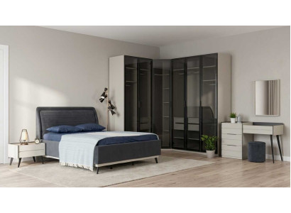 Schlafzimmer Set Bett Nachttisch Eckschrank Modern Blau Glas Edel