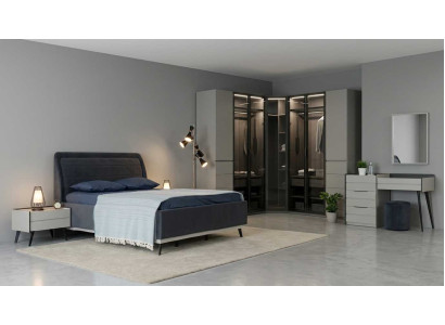 Schlafzimmer Set Bett Nachttisch Eckschrank Modern Blau Glas LED