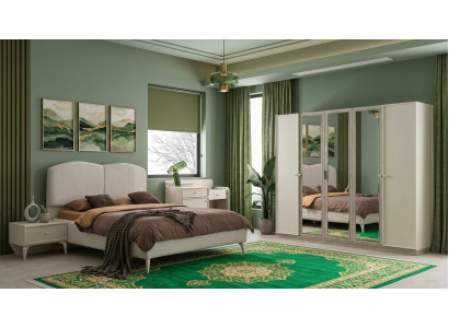 Stilvolles Schlafzimmer Set Beige Holz Metall Bett Schrank Nachttisch