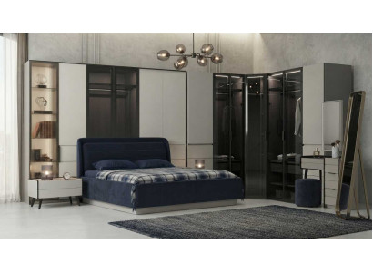 Schlafzimmer Set Bett Nachttisch Eckschrank Modern Blau Glas LED