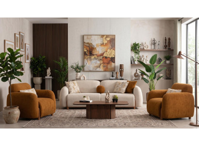 Wohnzimmer Set 3 Sitzer-Sofa Zwei Sessel Modern Beige Design