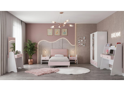 Rosa Jugendzimmer Bett Nachttische Kleiderschrank Frisiertisch Schreibtisch