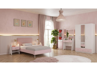 Rosa Jugendzimmer Bett Kleiderschrank Nachttische Frisiertisch Bücherregal