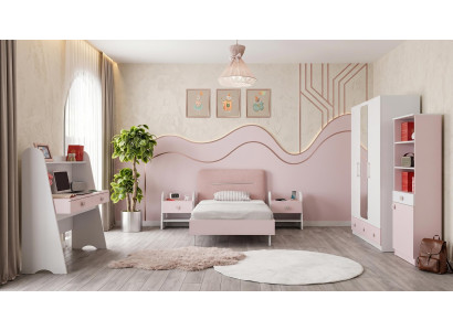 Rosa Jugendzimmer Bett Kleiderschrank Nachttische Schreibtisch Bücherregal
