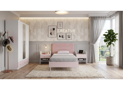 Modernes Jugendzimmer Weiß Rosa Bett Kleiderschrank Nachttische Mädchen