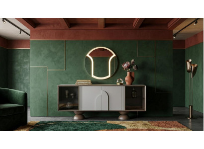 Modernes Weißes Sideboard Holz Glas Spiegel Rundes Design