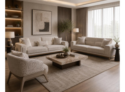 Sofa Set 3+3+1-Sitzer Beige Textil Holz Modern Abstraktes Muster Komfort