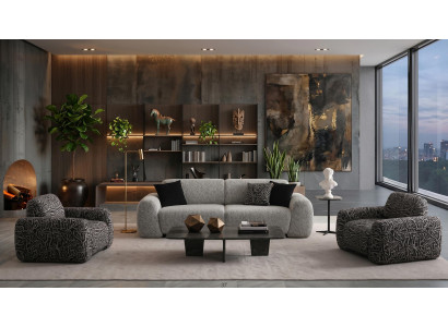Wohnzimmer Set 3 Sitzer Sofa 2x Sessel Modern Grau Strukturiert