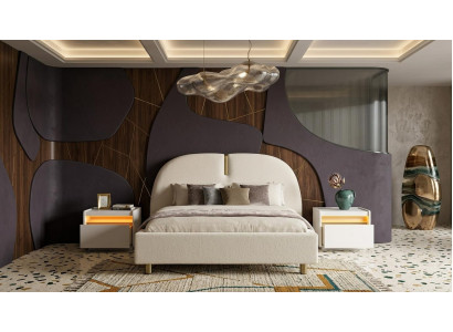 Modernes Weißes Polsterbett mit 2 Nachttischen Textil Holz Rundes