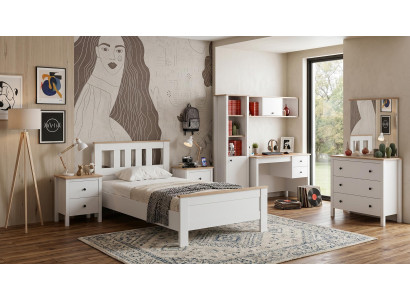 Weißes modernes Jugendzimmer Bett Kommode Nachttische Schreibtisch Bücherregal