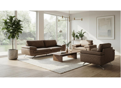 Dreisitzer Sofa Zwei Sessel Kunstleder Beige Polstermöbel Wohnzimmer