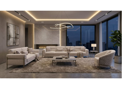 Sofa Set 4+3+1-Sitzer Beige Textil Edelstahl Modern Abstraktes Muster