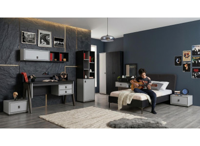 Schwarz-weißes Jugendzimmer Bett Schrank Kommode Nachttische Schreibtisch