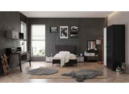 Schwarz-weißes Jugendzimmer Bett Nachttische Kleiderschrank Schreibtisch
