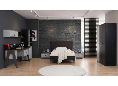Schwarz-weißes Jugendzimmer Bett Nachttische Kleiderschrank Schreibtisch