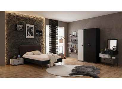 Schwarz-weißes Jugendzimmer Bett Kleiderschrank Kommode Nachttische modern