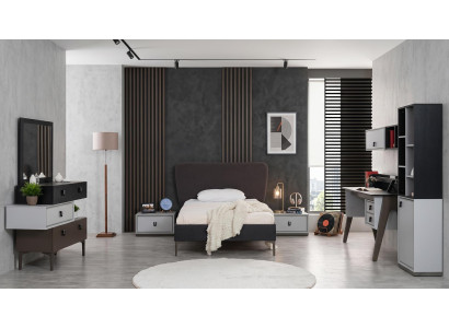 Schwarz-weißes Jugendzimmer Bett Kommode Nachttische Schreibtisch Bücherregal