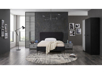 Schwarz-weißes Jugendzimmer Bett Kleiderschrank Nachttische modern Teenager