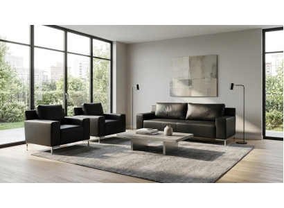 Schwarze Polstergarnitur Designer 3-Sitzer Ledersessel 3tlg Set