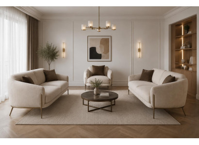 Sofa Set 3+3+1-Sitzer Beige Textil Edelstahl Modern Zeitgenössisch
