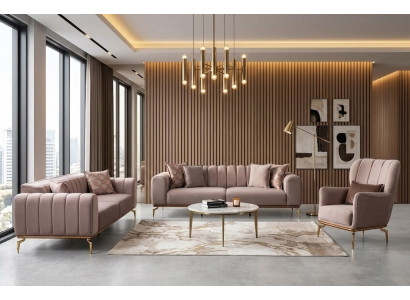 Sofa Set 3+3+1-Sitzer Beige Textil Edelstahl Modern Wohnlandschaft