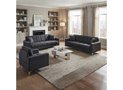 Stilvolle Wohnzimmer-Set 2x Schlafsofa Kissen Sessel Farbe Grau
