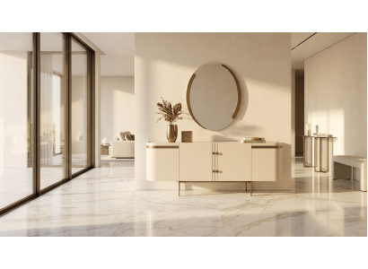 Sideboard mit Spiegel Beige Holz Glas Modern Rundspiegel Wohnbereich