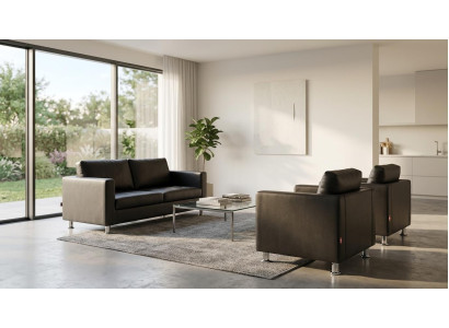 Dreisitzer Sofa Zwei Sessel Schwarz Kunstleder Metallbeine Polster