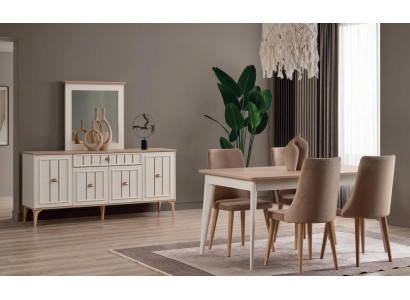 Modernes weiß Esszimmer Set Esstisch 4 Stühle Sideboard Spiegel Holz