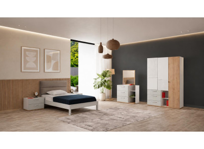 Graues, modernes Jugendzimmer Bett Kleiderschrank Kommode Nachttische