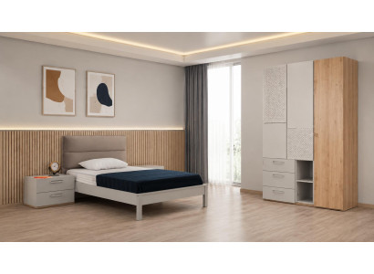 Graues Jugendzimmer Bett Kleiderschrank Nachttische Schlafzimmer moderner Stil