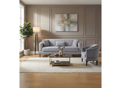 Elegantes Wohnzimmer-Set Schlafsofa Sessel Farbe Grau Material Samt
