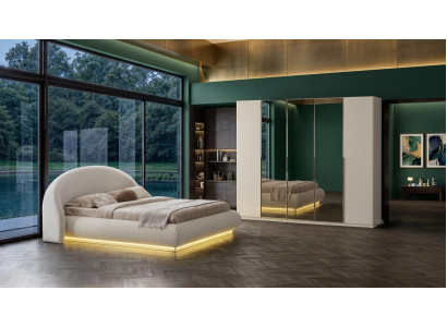 Exklusives Schlafzimmer Set LED Weiß Bett Großer Garderobenschrank