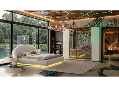 Eleganter Traum Schlafzimmer Set LED Weiß Bett Nachttisch Schrank