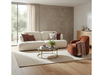 Zartes Wohnzimmer-Set Weißes Schlafsofa Brauner Sessel Bouclé-Bezug