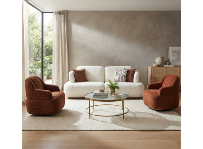 Zartes Wohnzimmer-Set Weißes Schlafsofa Brauner 2x Sessel Bouclé-Bezug