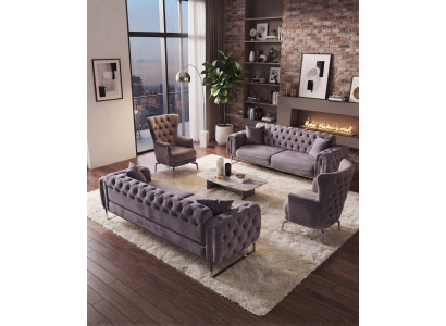 Wohnzimmer-Set 2x 3 Sitzer Sofa 2x Sessel Hoher Rückenlehne Grau
