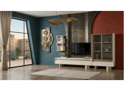 Exklusives Wohnzimmer Set Beige TV Lowboard Vitrine Bücherregal
