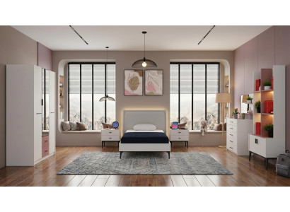 Weißes Jugendzimmer Bett Kleiderschrank Nachttische Kommode Bücherregal