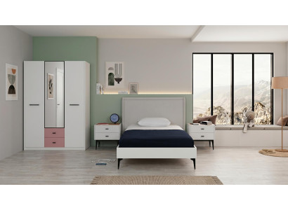 Weißes Jugendzimmer Bett  Kleiderschrank Nachttische  Schlafzimmer modern