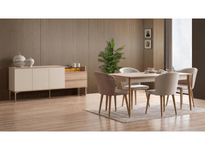Modernes Beige Esszimmer Set Esstisch 4x Stühle Sideboard Holz Textil