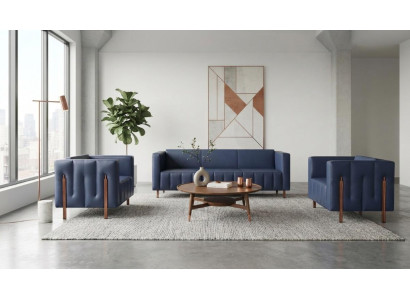 Dreisitzer Sofa Zwei Sessel Kunstleder Blau Modern Elegant Wohnzimmer