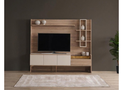 Moderne Beige Wohnwand Wohnzimmer Holz TV Möbel Stilvoll Design Set
