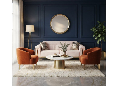 Wohnzimmer-Set Schlafsofa Beiges 2x Sessel Orangefarbener Metallbeinen