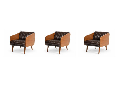 Drei Sessel Braun Kunstleder Holz Armlehnen Retro Polster Modern Chic