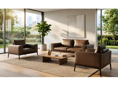 Dreisitzer Sofa Zwei Sessel Set Kunstleder Braun Metallgestell Modern