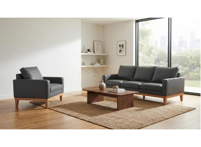 Dreisitzer Sofa Sessel Kunstleder Schwarz Holzgestell Modern Chic