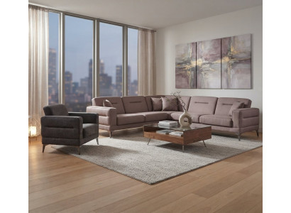 Stilvoll Wohnzimmer-Set Ecksofa Sessel Farbe  Grau Metallbeinenl